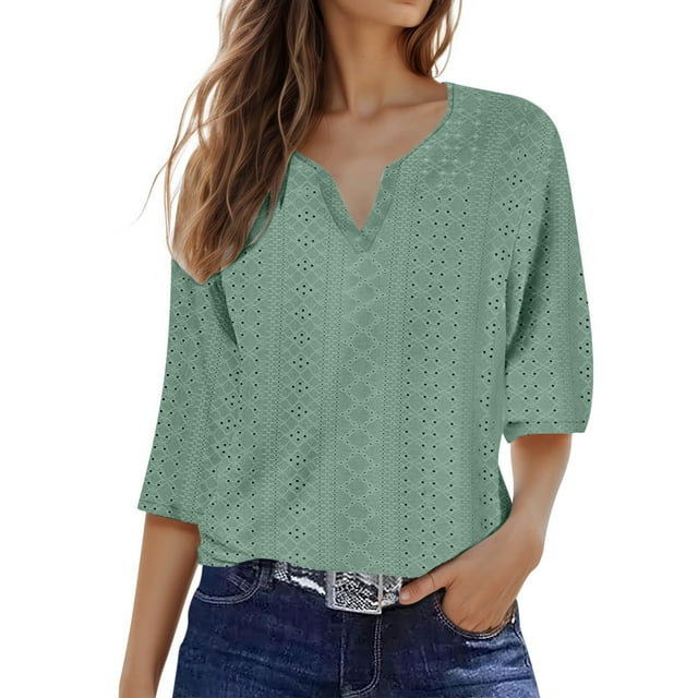 Ladies' Fashionable Solid Color V Neck Three Quarter Sleeve Shirt Top
