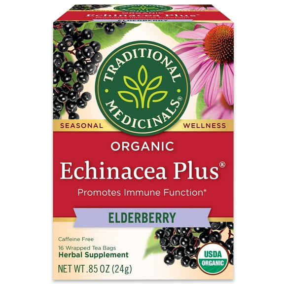 Pack of 2 - Traditional Medicinals Tea, Organic Echinacea Plus Elderberry, Boosts The Immune System, 16 Tea Bags