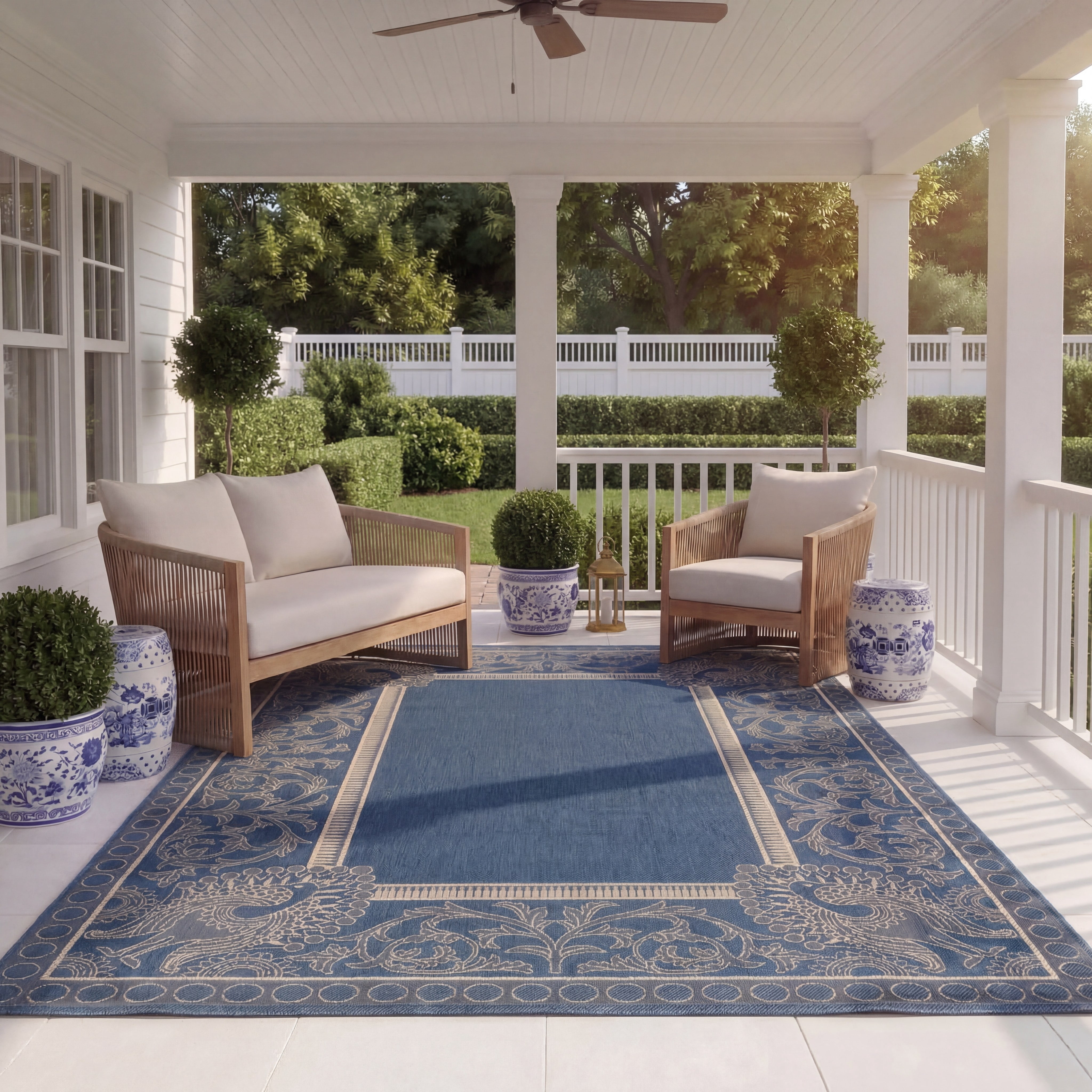 Safavieh Courtyard Cooper Botanical Indoor/Outdoor Area Rug, Blue/Natural, 7'10" x 7'10" Square
