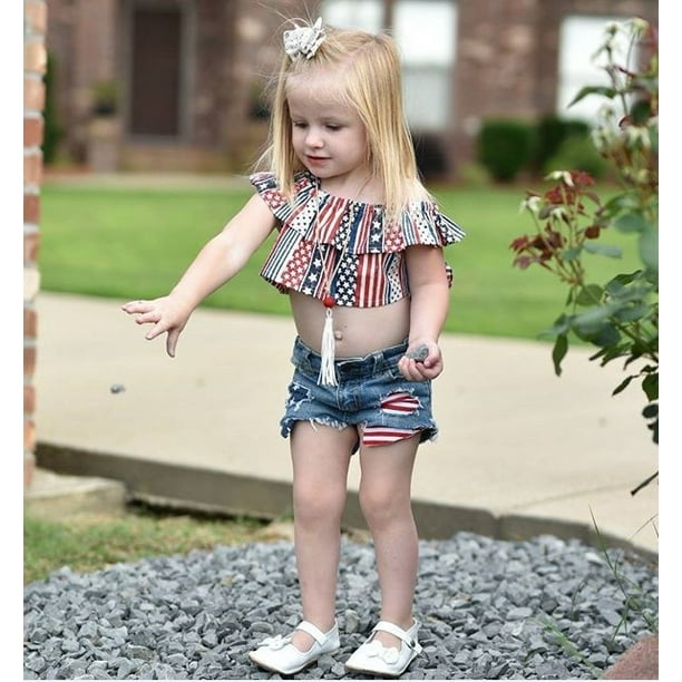 Fashion Toddler Kids Girls Clothes Set Strap Tops+Denim Shorts 2pcs Infant  Girls Flag Outfits Set