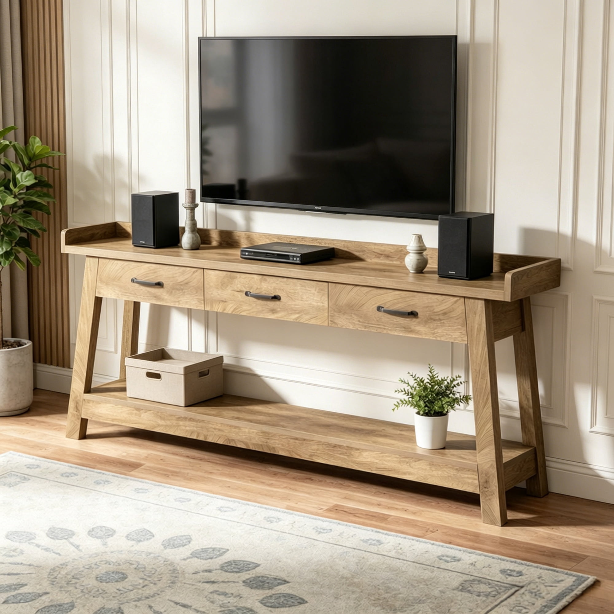 Long Console Table, 75.79 in, 3 Drawers, Raised Edge, Farmhouse Style