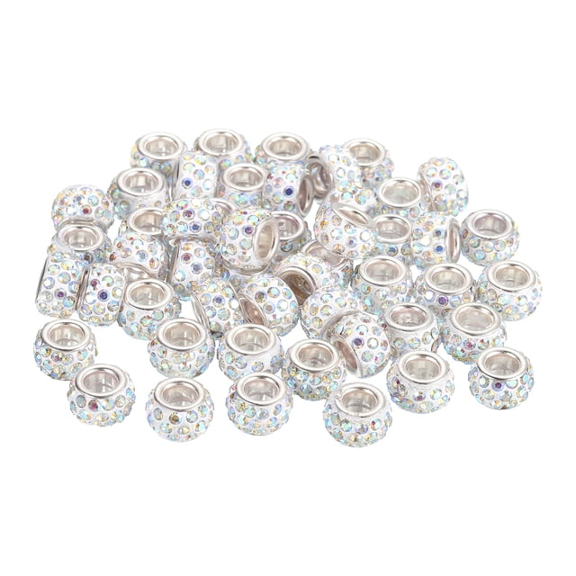 50Pack European Large Hole Beads, Rhinestone Craft Beads, White AB
