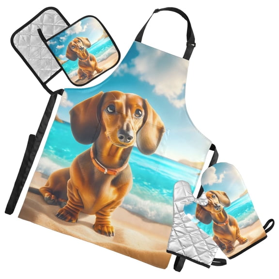 Cute Dachshund Dog on Beach 5 Pcs Kitchen Set Heat Resistant Oven Mitts and Non-Slip Pot Holders with Adjustable Cooking Apron