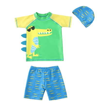 Calsunbaby 3Pcs Breathable Little Boys Swimwear Suit, Summer Children Shark/Crocodile Printing Split Swimsuit + Cap Set