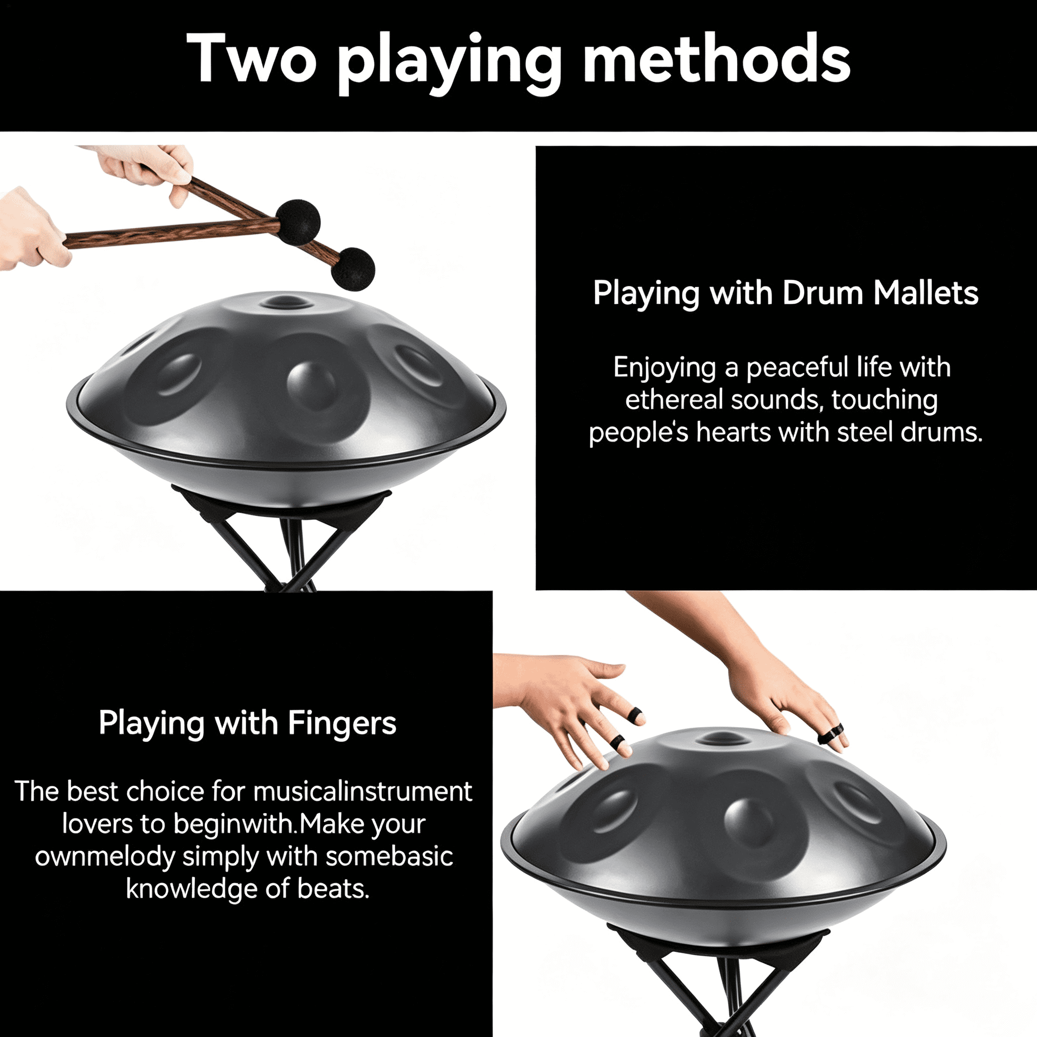 10 Notes Black Solid Color Handpan Drum Steel Percussion Instrument
