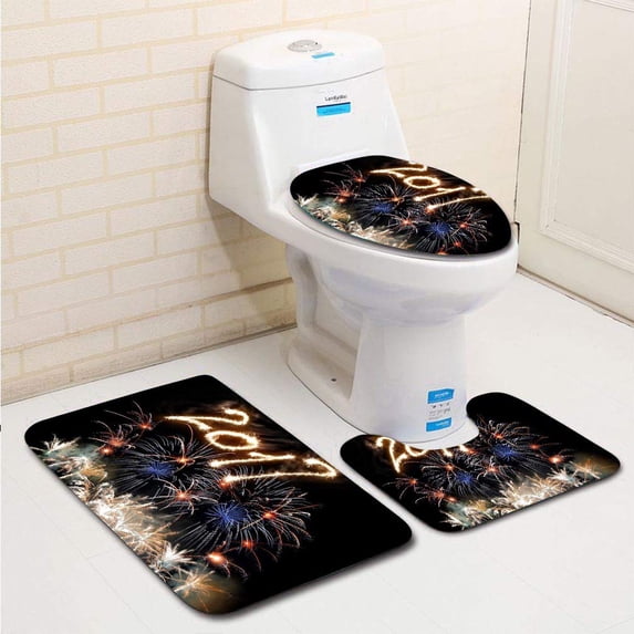 GOHAO Colorful Fireworks 2017 Sparks Numbers in Full Frame 3 Piece Bathroom Rugs Set Bath Rug Contour Mat and Toilet Lid Cover
