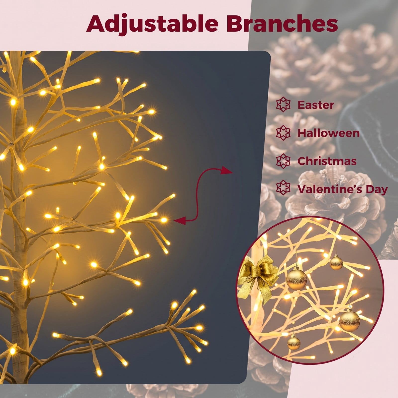 RUIE 5 FT Pre-Lit Birch Tree, Lighted Twig Tree with 240 Warm White LED Lights, Weighted Cement Base, Flexible Branches for Christmas Holiday Home Party Wedding, White