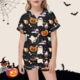 thumbnail image 2 of Weebloom Halloween Summer Pajamas For Kids Girls Cute Pumpkin Outfits 2 Piece Set Short Sleeve Button Down Shirt And Shorts Casual Toddler Clothes Sleepwear Nightwear Pjs Loungewear 9-10Years, 2 of 4