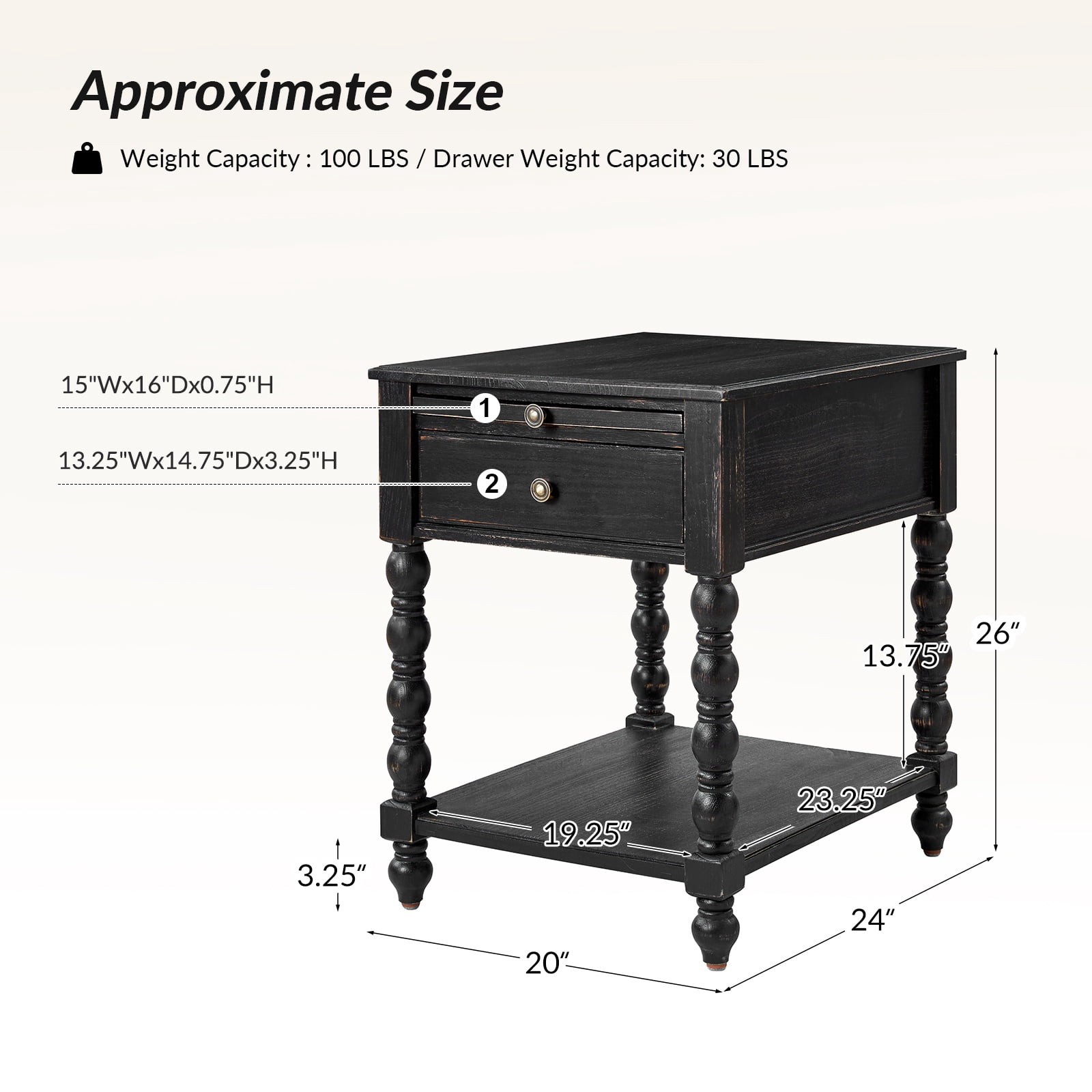 26" Modern End Table Solid Wood Set of 2 with Drawer Tray USB for Living Room Charcoal