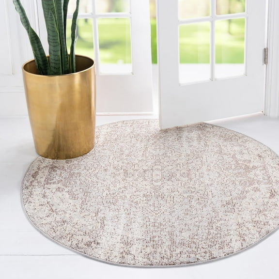 Unique Loom Charm Collection Area Rug - Unicorn (4' 1" Round Light Gray/Brown)