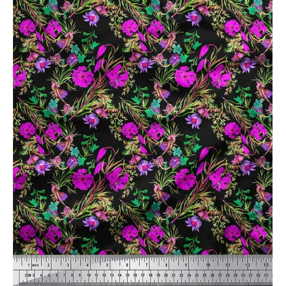 Soimoi Silk Fabric Leaves & Azalea Floral Print Fabric by the Yard 42 Inch Wide