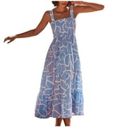 Black Dresses For Women,Women's Suspenders Printing Long Fold Elastic Waistline Holiday Style Dress long dresses for women