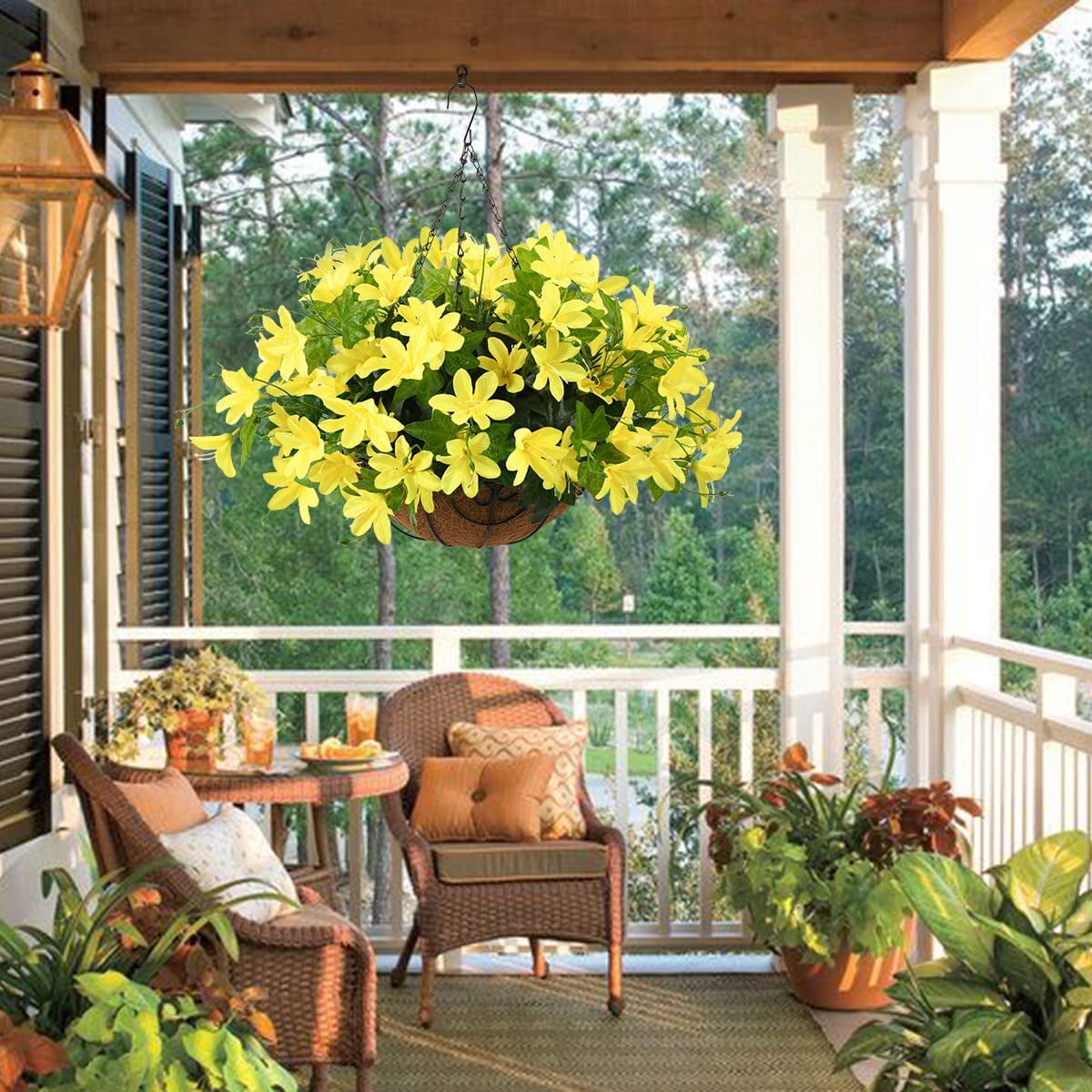 Artificial Flowers Hanging Basket for Outdoor Indoor,Fake Orchid Flowers in Coconut Lining Hanging Basket for Home Courtyard Decoration, 5 Branches Flowers in 12'' Basket(Yellow)