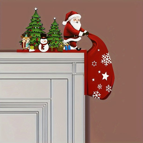 Décorations De Noël En Bois Pour Cadre De Porte - Lot De 2 Motifs Père Noël Et Cerf - Installation Facile Avec Autocollant - Pour Porte, Fenêtre, Mur