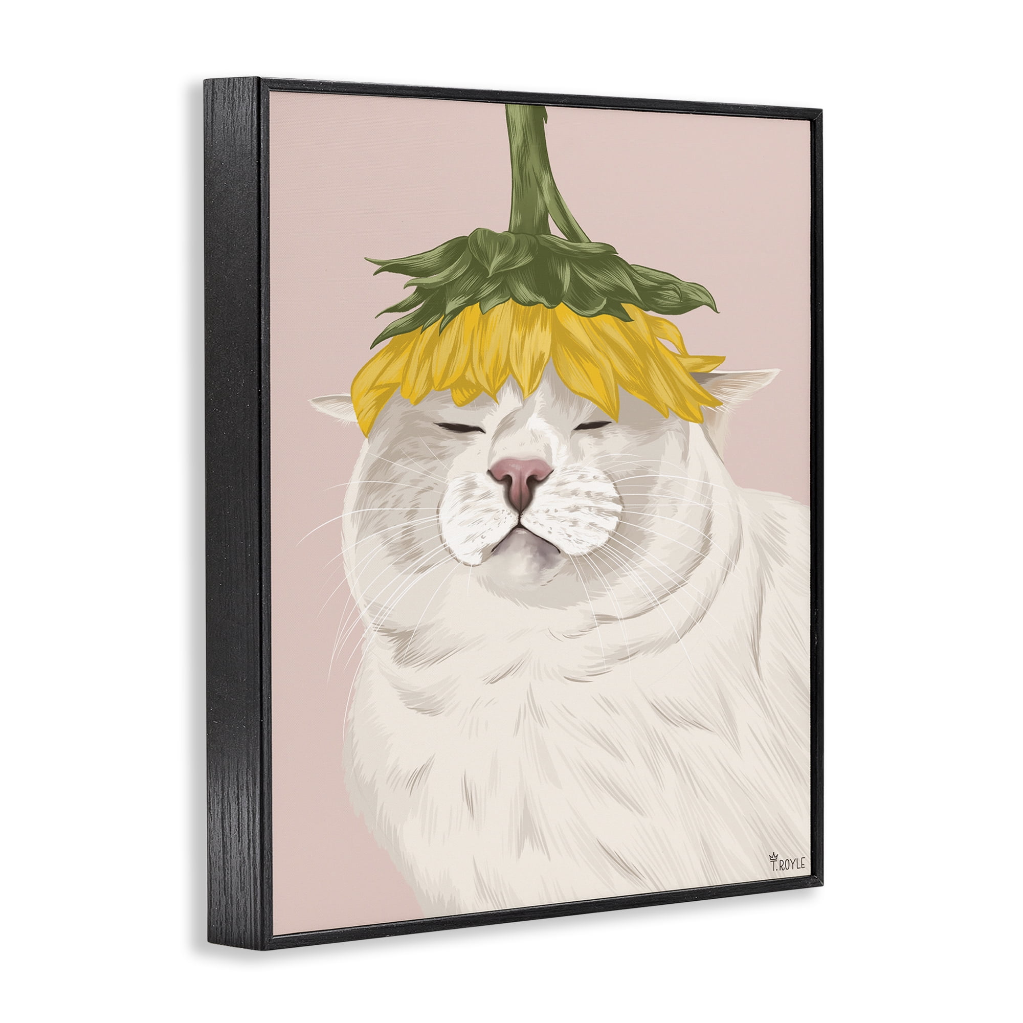 Stupell Industries Cat with Daisy on Head Animals & Insects Painting Black Framed Art Print Wall Art, 16 x 20