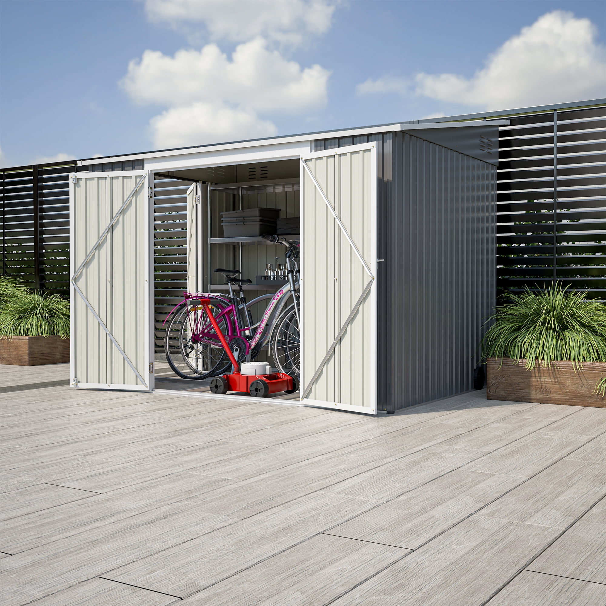 6×8 Utility Metal Tool Shed with Side Door, Against the Wall, With Door Lock, Wind, Rain and Snow Protection, Suitable for Garden, Backyard, Garage, Multi-purpose Shed, Gray (With and Metal Frame Flo
