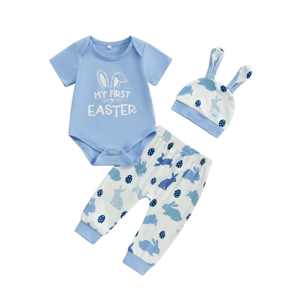 Gupgi 3pcs Baby Boys Easter Outfits 3 6 12 18 Months Infant Short Sleeve Rabbit Print Romper + Bunny Long Pants + Hat