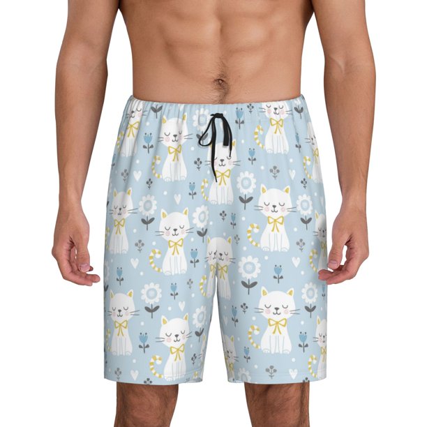 Balery Cute Cat Pantalones cortos de pijama de punto de algodón para hombre con cinturilla y bolsillos-Small