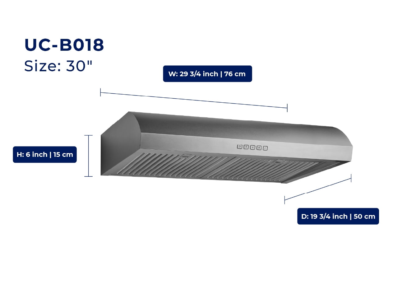 Hauslane Chef Series 30" B018 Convertible Under Cabinet Range Hood 120 Volts Minimalist 3-Way Venting 250 CFM Aluminum Filters LED in White
