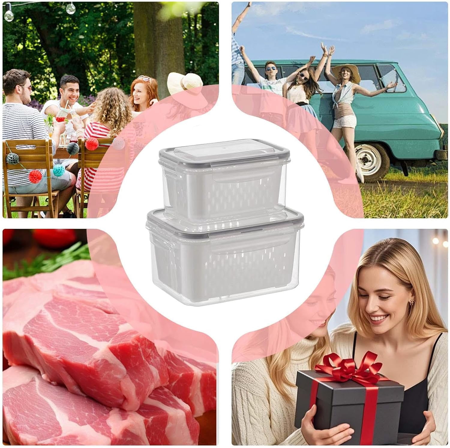 Fresh Produce Keeper - 2 Pack BPA Free Fridge Container, Salad Spinner Box With Strainer Insert, Leakproof Vegetable Saver For Crisper Drawer, Stackable Fruit Tote For Meal Prep, Lunch