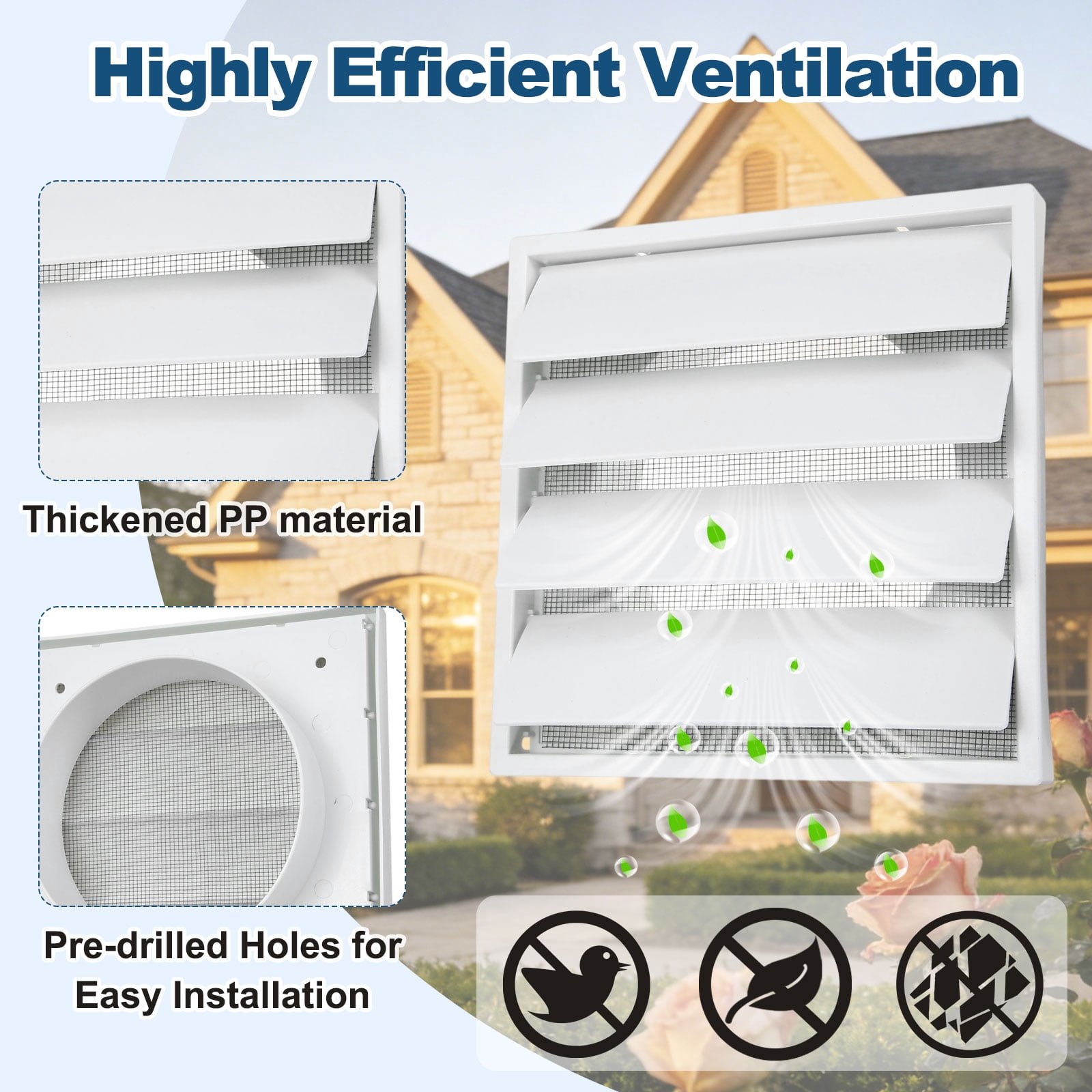 Uxcell 2Set Louvered Exhaust Vent Cover (5" Opening, 6.9"L x 6.9"W) - Air Wall Vent with Dustproof Mesh, Plastic Exhaust Ventilation Grille for Kitchen/Bathroom/Garage, White