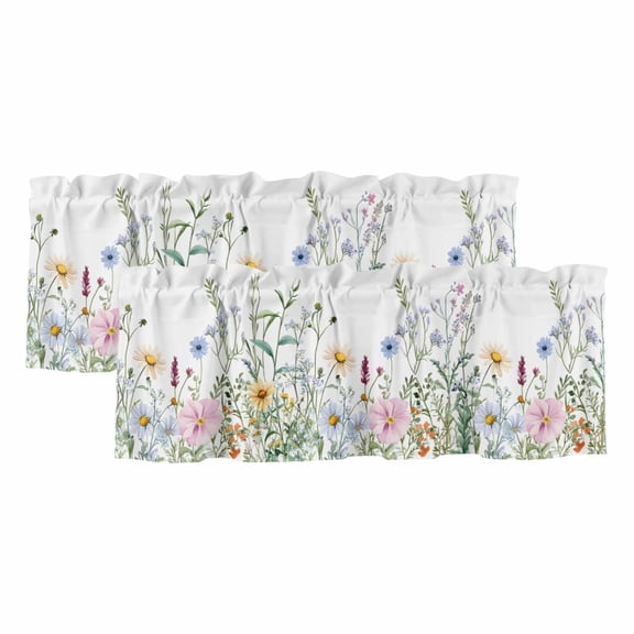 Spring Floral Valances for Windows, Wildflowers Herbs Summer Botanical Light Filtering Kitchen Curtains, Rod Pocket Window Valance Curtains for Living Room Bedroom, 42" W x 18" L, 2 Panels