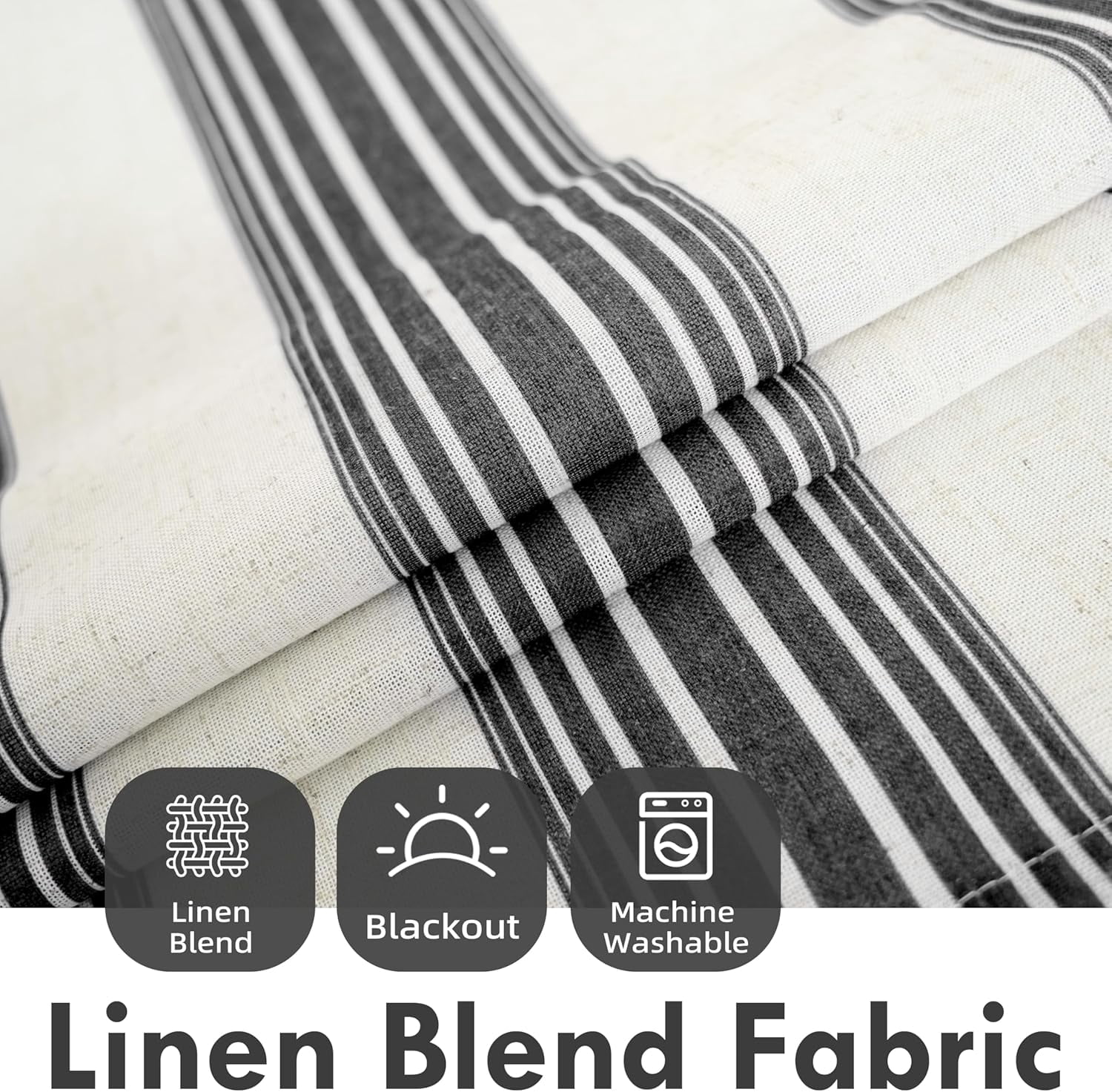 DriftAway Chris Vertical Striped Pattern Linen Blend Lined Thermal Insulated Blackout and Room Darkening Linen Curtains for Farmhouse Printed 2 Panels 52 Inch by 63 Inch Linen Black