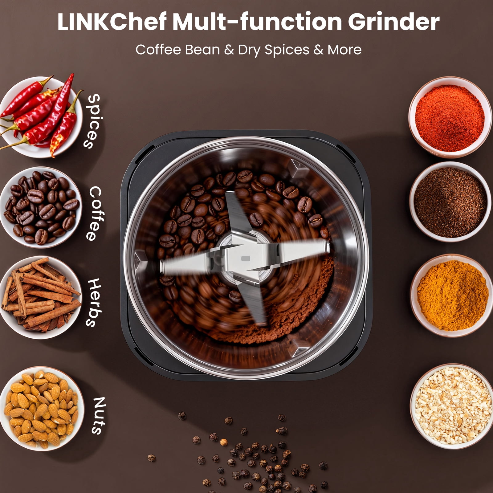LINKChef Coffee Grinder, Spice Grinder with 4 Blades for Coffee Beans, Spice, Tea - New (Silver)