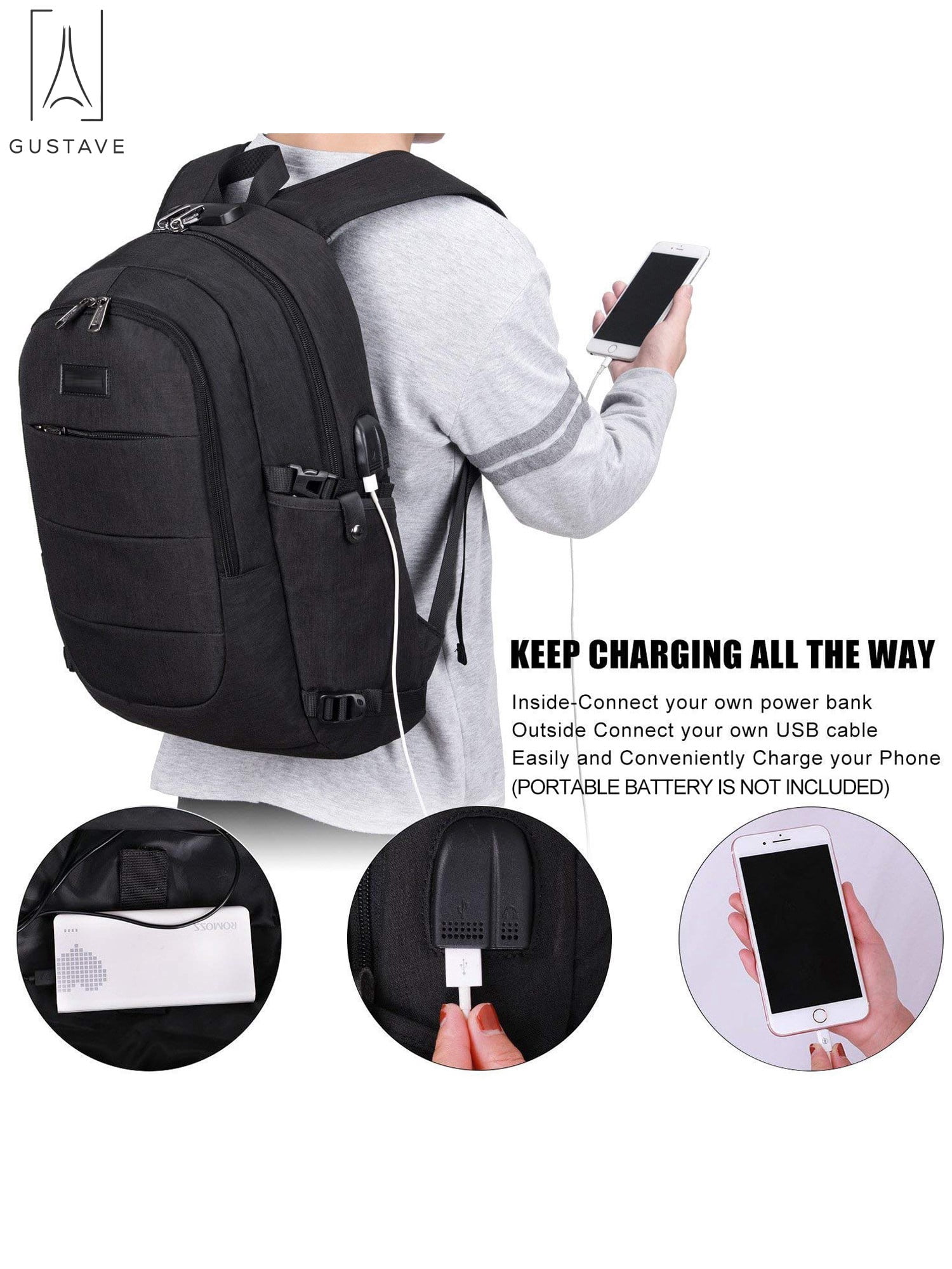 Gustave Laptop Backpack Water Resistant Anti-Theft College Backpack with USB Charging Port and Lock 17Inch Compurter Backpacks for Women Men, Casual Hiking Travel Daypack "Black"