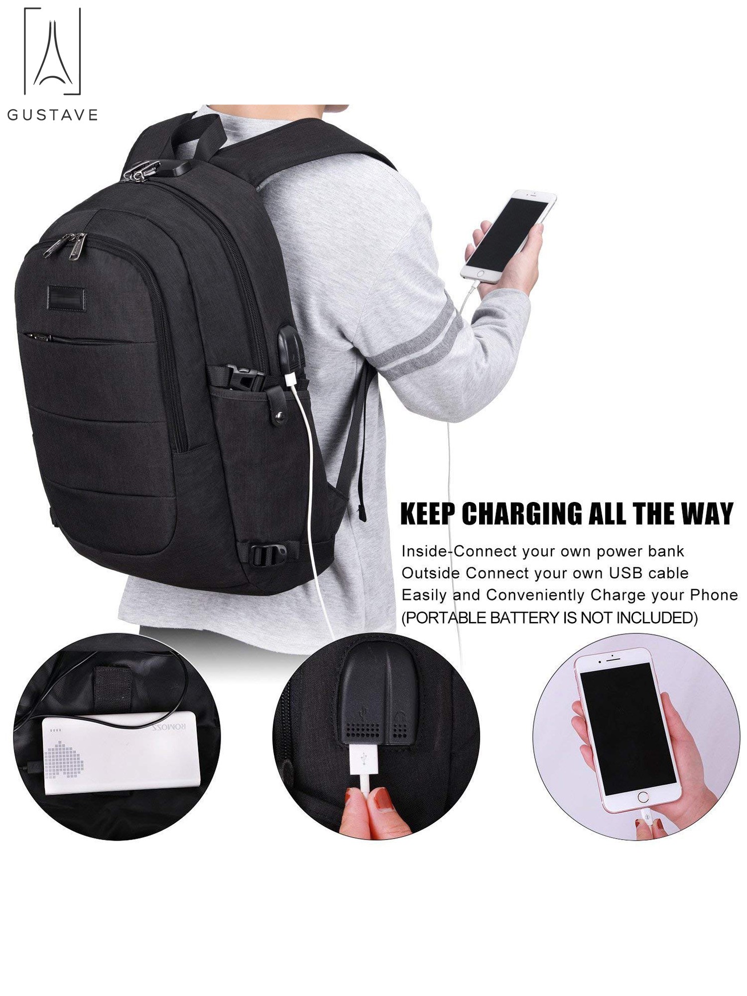 Gustave Laptop Backpack Water Resistant Anti-Theft College Backpack with USB Charging Port and Lock 17Inch Compurter Backpacks for Women Men, Casual Hiking Travel Daypack "Black" - image 4 of 9
