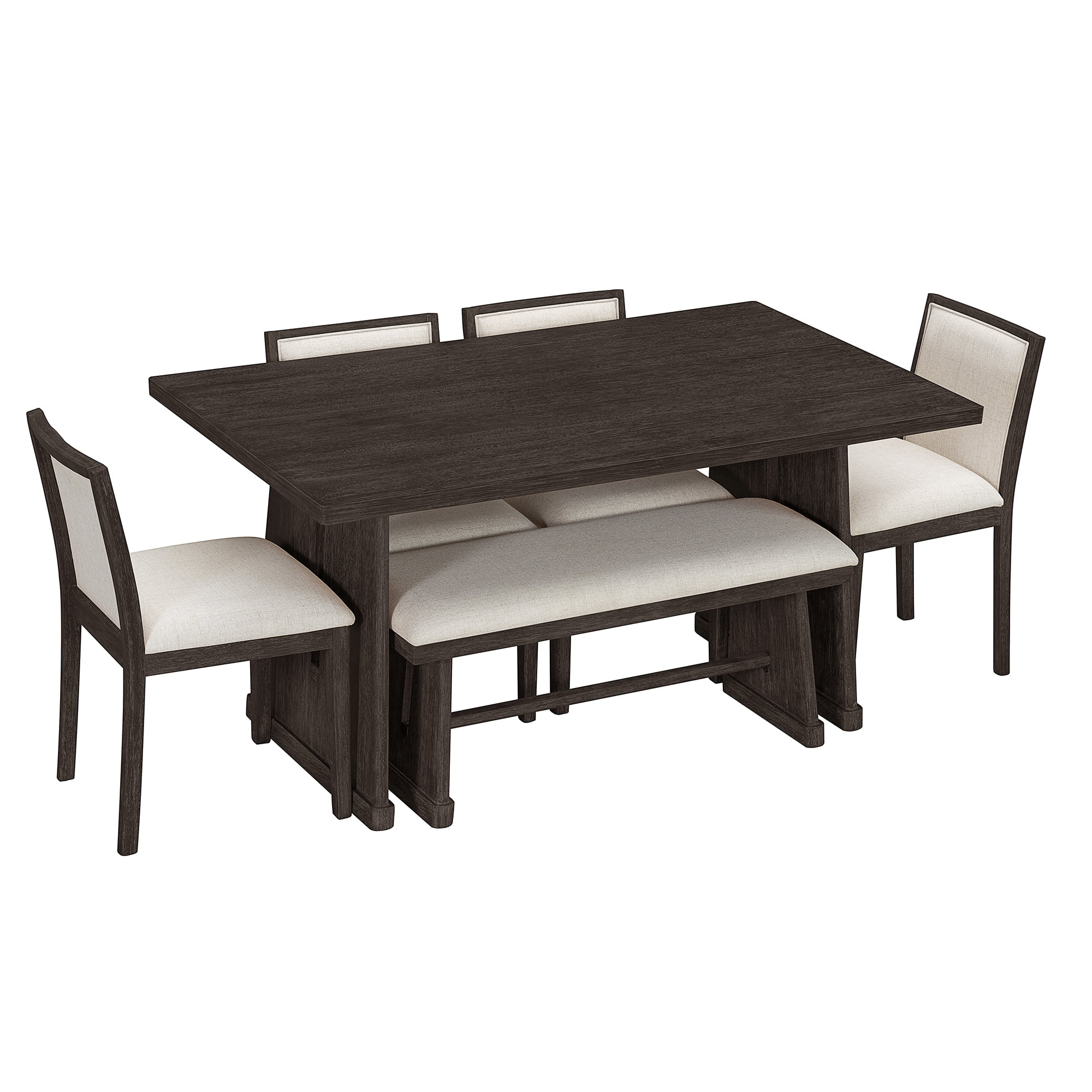 Euroco 6-Piece Farmhouse Dining Table Set for 6, 59.8" Rectangular Dining Table with 4 Upholstered Chairs & 1 Bench,Solid Wood Dining Furniture Set for Kitchen,Espresso