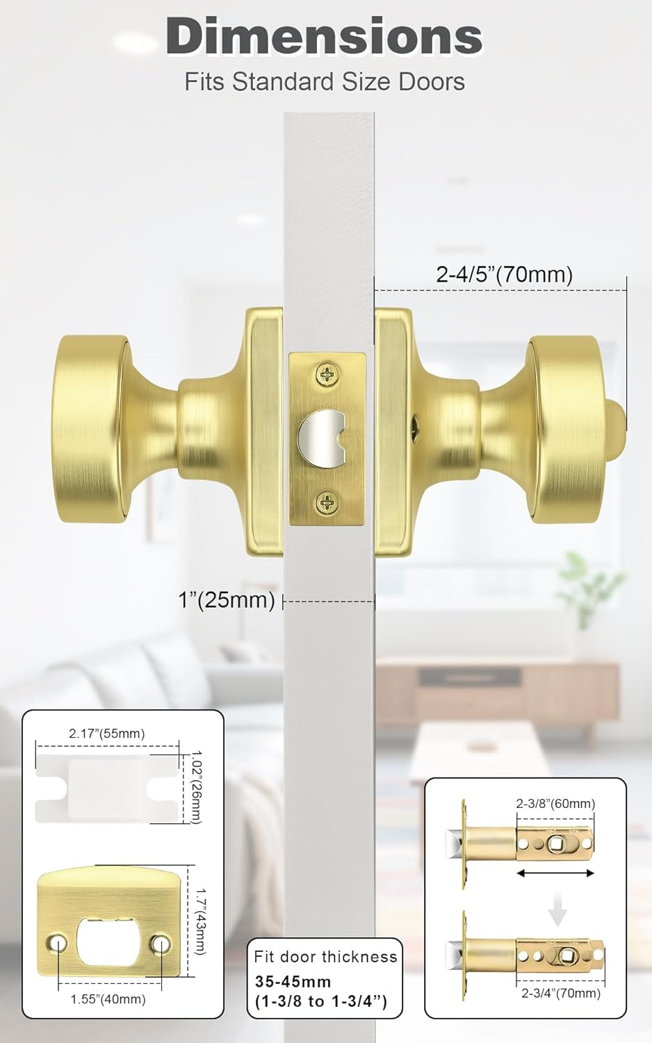 Bedroom Door Knobs Interior, Privacy Keyless Door Handles for Bedroom or Bathroom, 1 Pack Square Panel Door Knob in Brushed Gold Finish