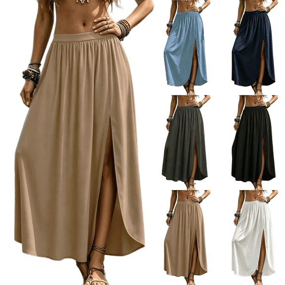 Skirts for Women Summer Boho Maxi Elastic High Waist Side Slit Casual Pleated Vacation Beach Skirts