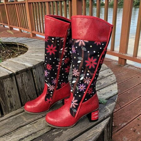 

FITORON Womens Mid Calf Boots- Cowboy Boots Vintage Embroidery Flower Chunky Mid-Heels Wide Mid Calf Boots Retro Zipper Shoes Red 35
