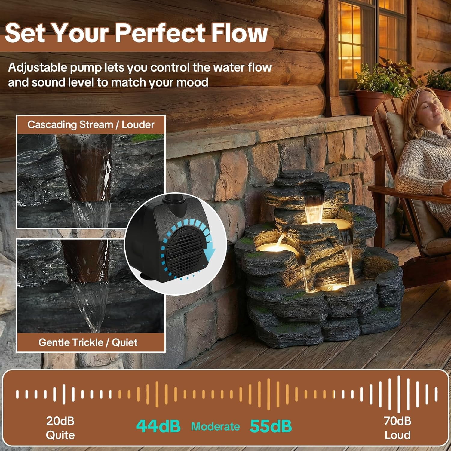 HOMEDIARY 4-Tier Outdoor Water Fountain, 29.7" L Rustic Rock Waterfall Fountain with LED Lights, Stone Texture Floor-Standing Resin Water Feature with Realistic Moss Accents for Patio, Porch & Indoor