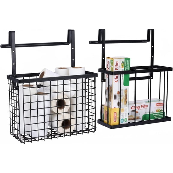 Pethiy 2-Pack Under Cabinet Hanging Wire Baskets, Black Metal Kitchen Organizer Bins for Produce, Foil, Wrap & Pantry Storage