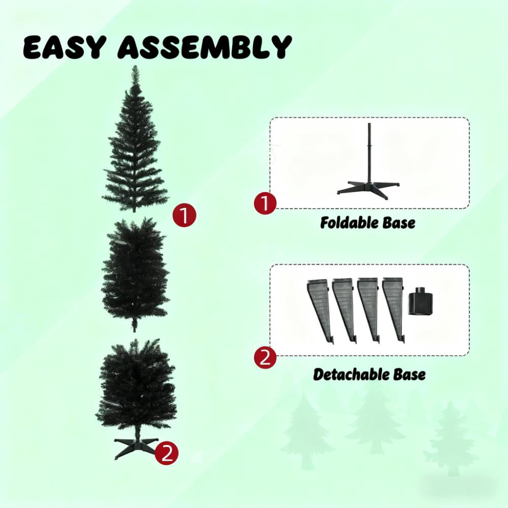 7ft Unlit Black Pencil Christmas Tree 499 Tips Easy Assembly Plastic Base Small Space Holiday Decor