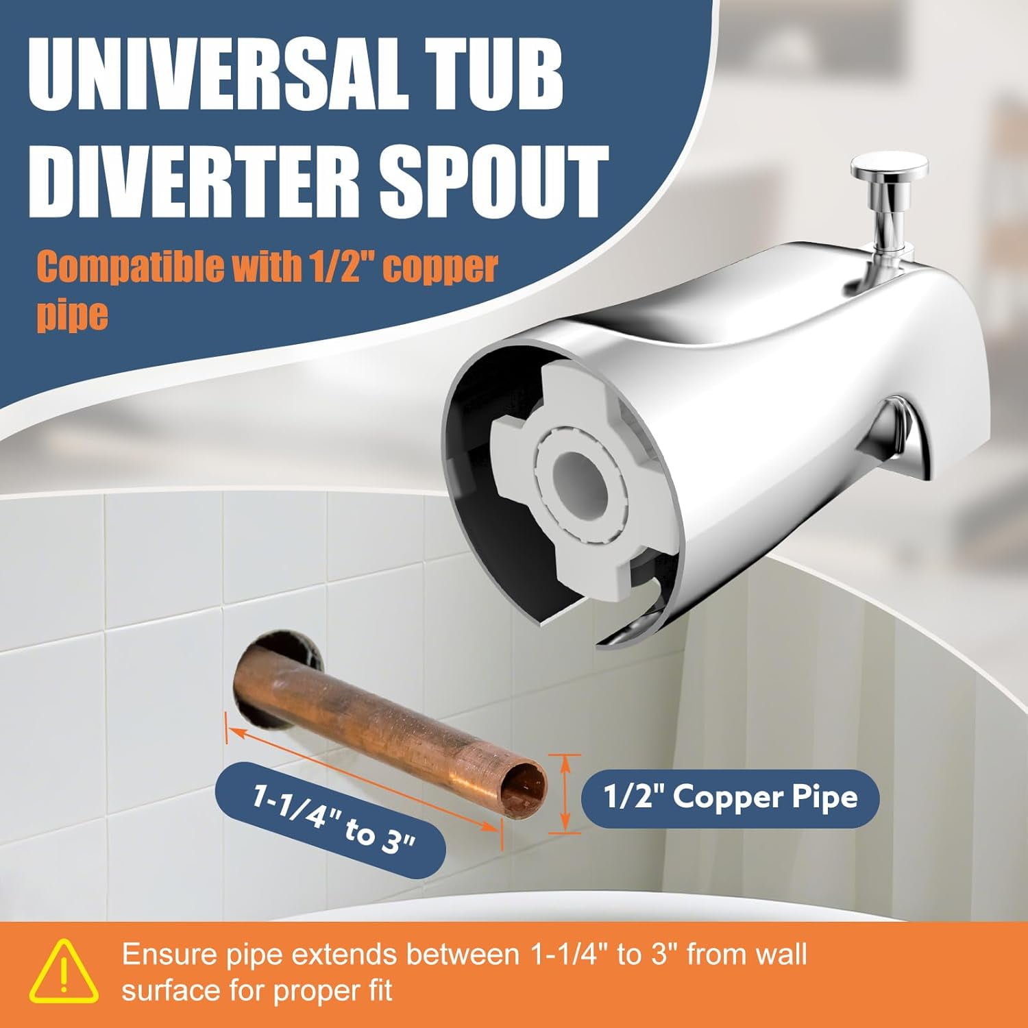 Universal Bathtub Tub Spout with Diverter, Fits 1/2" Slip-Fit Copper Pipe Connection, Pull Down Bathtub Faucet Spout Replacement, Easy Installation (Chrome)