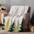thumbnail image 2 of Christmas Tree Flannel Blanket for Bed,Travel and Camping, Green Gold Trees Snowflakes Linen Texture Super Soft Cozy Blanket for All Seasons 50"x80", 2 of 9