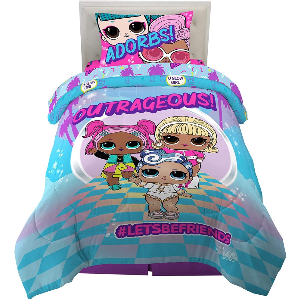 LOL Surprise Girls Reversible Twin Comforter & Sheet Set (4 Piece Bed