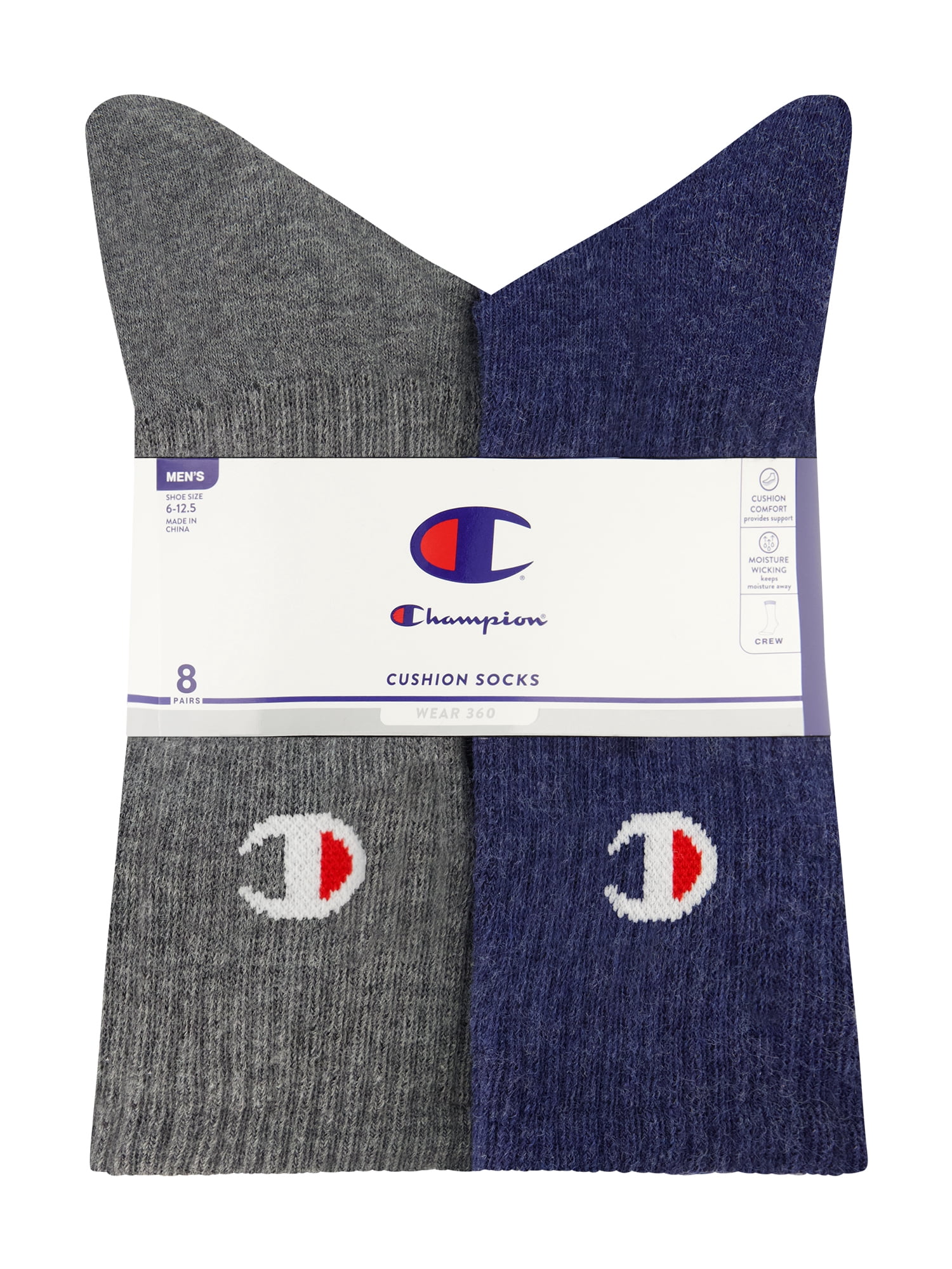 Champion Men’s Crew Socks 8 Pack – Half Terry Cushion, Moisture-Wicking, Arch Support, Reinforced Toe & Heel, Sizes 6–12.5
