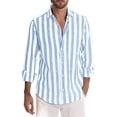thumbnail image 3 of Hontri Men Shirts Fashion Deals under $15, Mens Fashion Casual Striped Linen Buckle Lapel Long Sleeve Shirt Top Blue Xl, 3 of 5