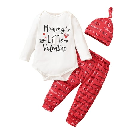 

KIMI BEAR Newborn Boys Outfits 9 Months Newborn Boy Autumn Winter Outfits 12 Months Newborn Boy Casual Valentine’s Day Letter Print Heart Long Sleeve Romper + Pants + Hat 3PCs Set Red