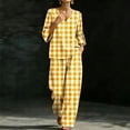 thumbnail image 5 of Mifsaly Lounge Wear for Women 2 Piece Set Plaid V Neck Bell Sleeve Top and Relaxed Wide Leg Pants Comfortable Everyday Casual Matching Outfits with Pockets Yellow,XL, 5 of 6