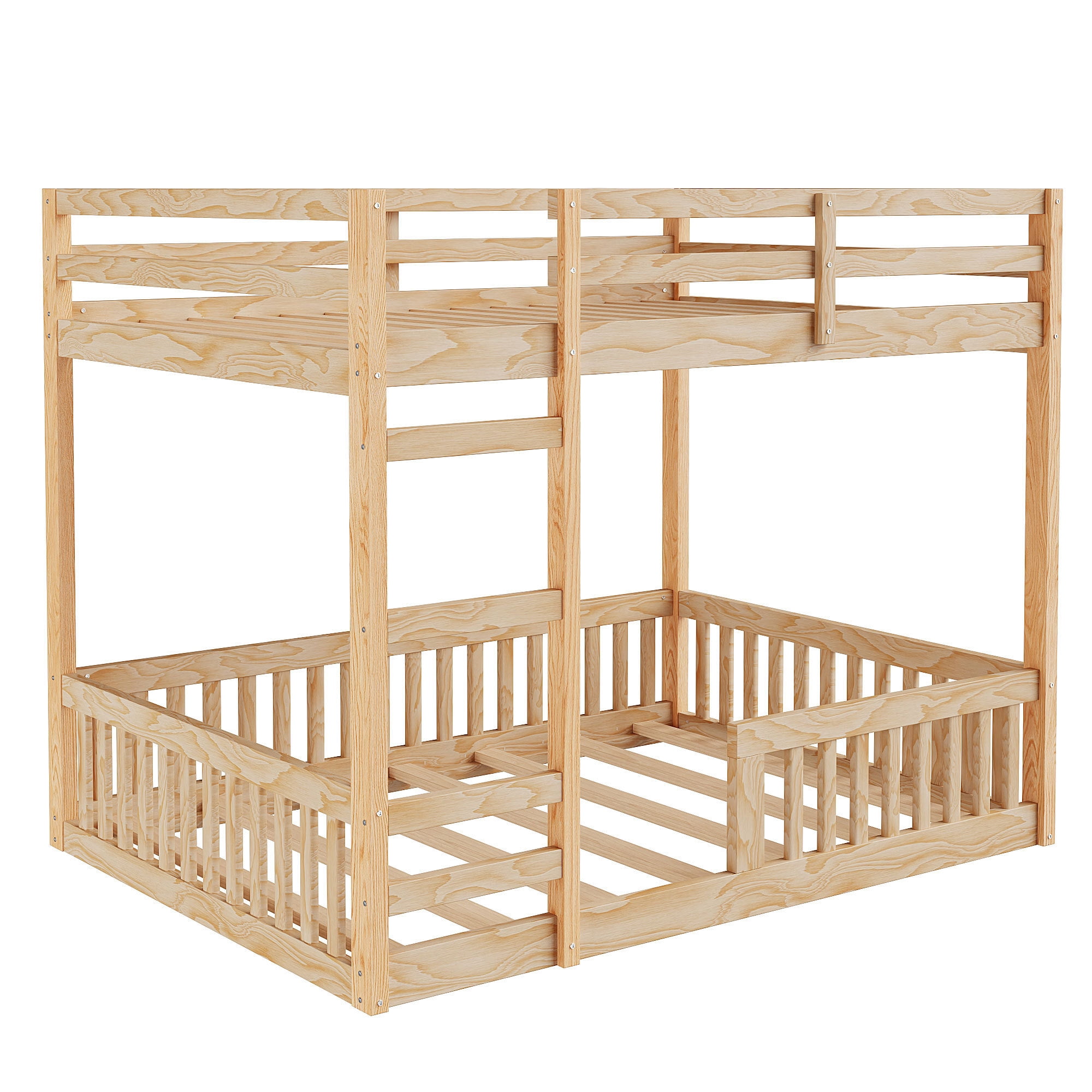 Full Over Full Size Wooden Bunk Bed with Ladder and Guardrails, Low Floor Bunk Beds w/ Slats Support,Space-Saving Multifunction Furniture for Apartment,Bedroom