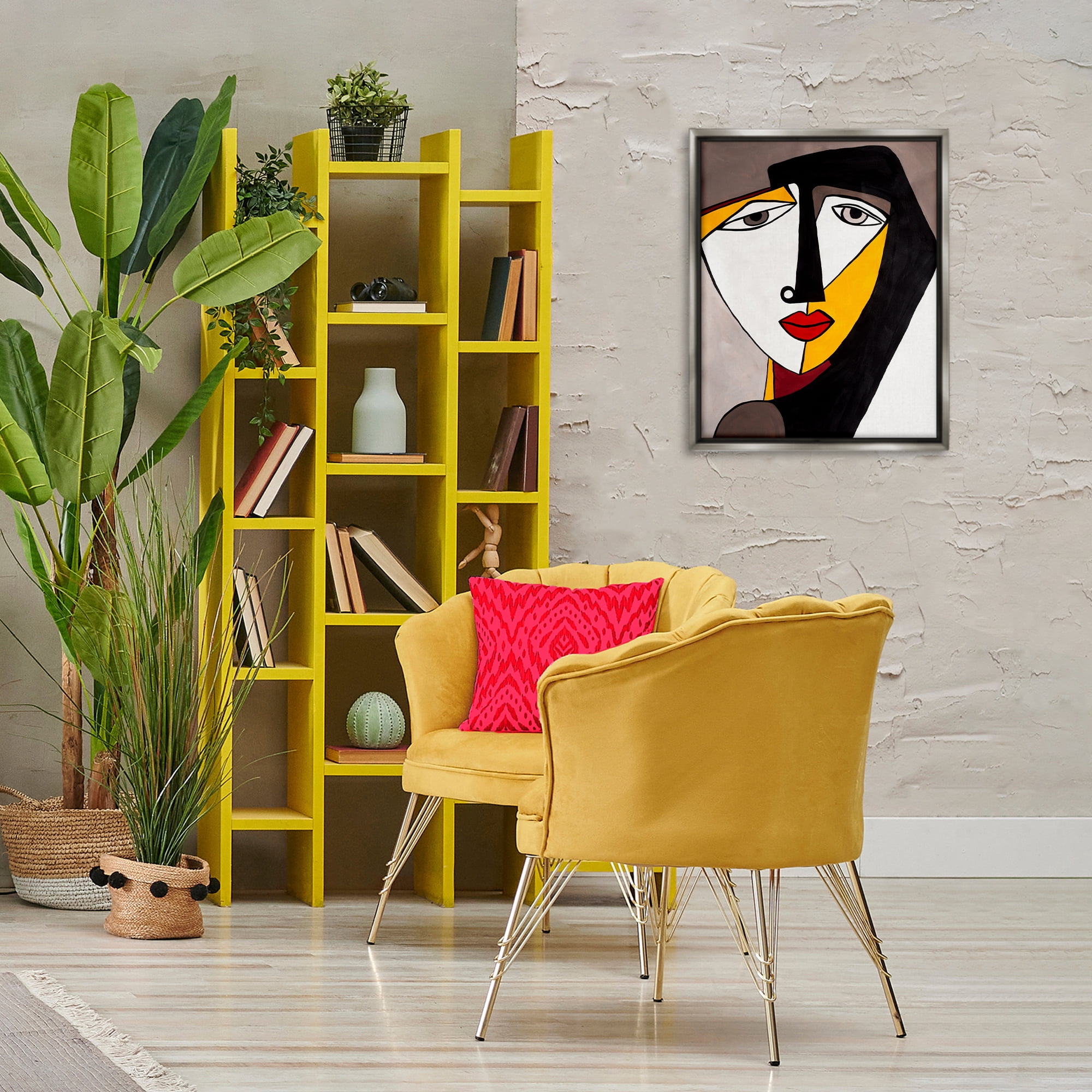 Stupell Industries Cubism Female Face People Painting Gray Floater Framed Canvas Art Print Wall Art, 17 x 21