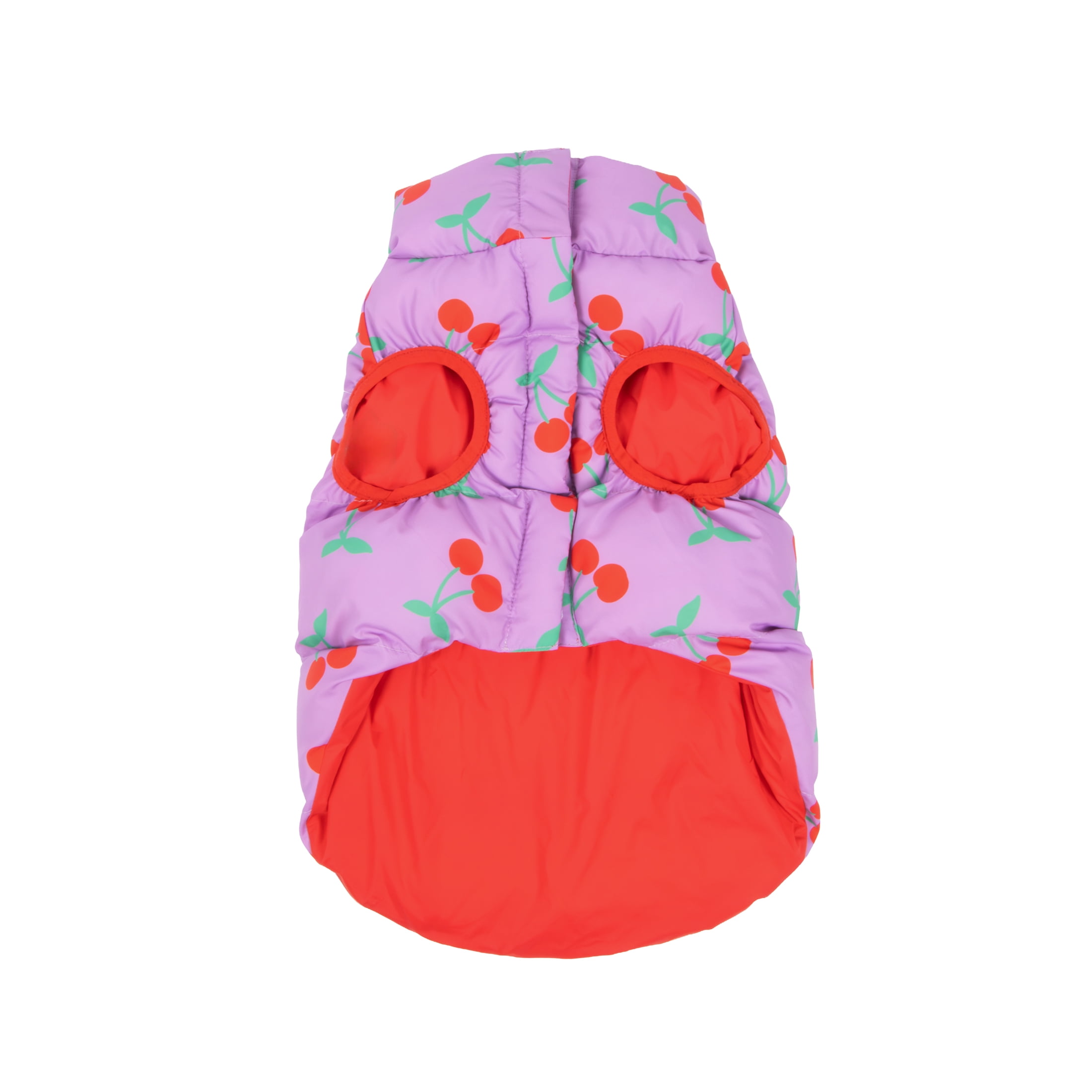 Oodles Cherry Print Quilted Puffer Fall Dog Jacket, Purple, XS