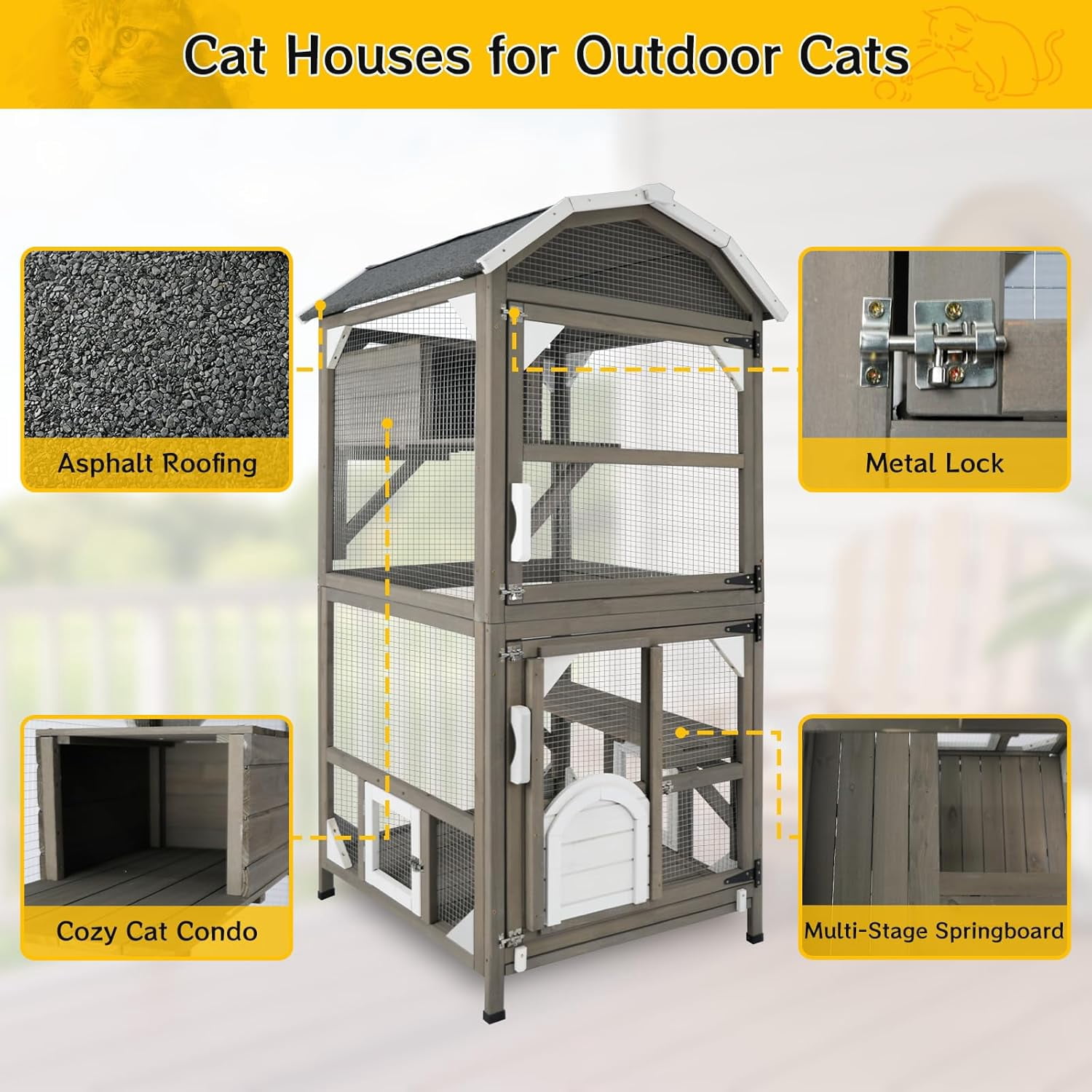 71'' Large Cat House Outdoor Catio Enclosures Indoor Kitten Cages with Attachable Window Resting Box,Waterproof Roof