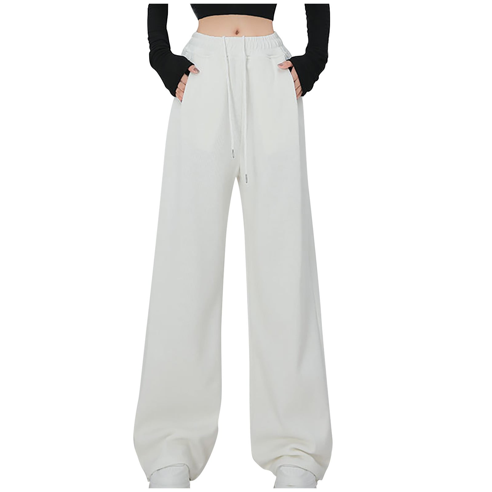 Sherpa-Fleece-gefütterte Jogginghose Für Damen, Lockere Passform, Lockere Passform, Elastische Taille, Aktiv, Winter, Herbst, Yoga, Jogger, Kordelzug, Schwarz , L