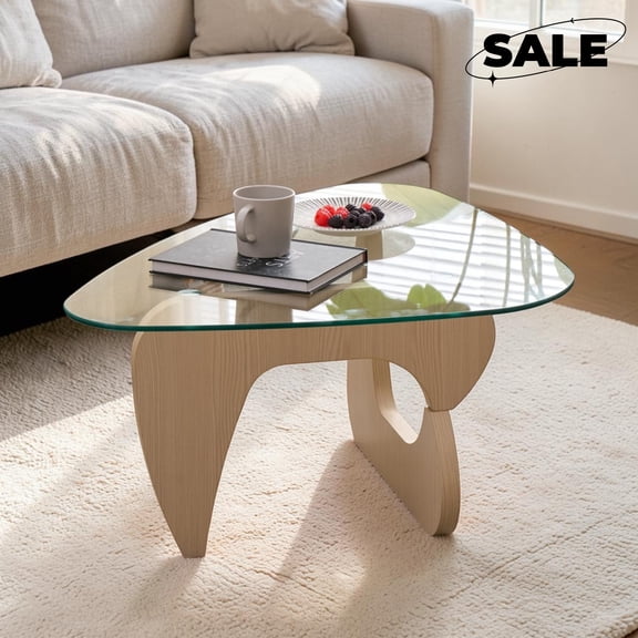 GZXS Modern Coffee Table with Glass Top, 43.3" Triangle Center Table for Living Room, Clear & Natural